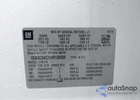 2017 Chevrolet Tahoe Lt z USA, uszkodzony, nr VIN 1GNSCBKC5HR128008